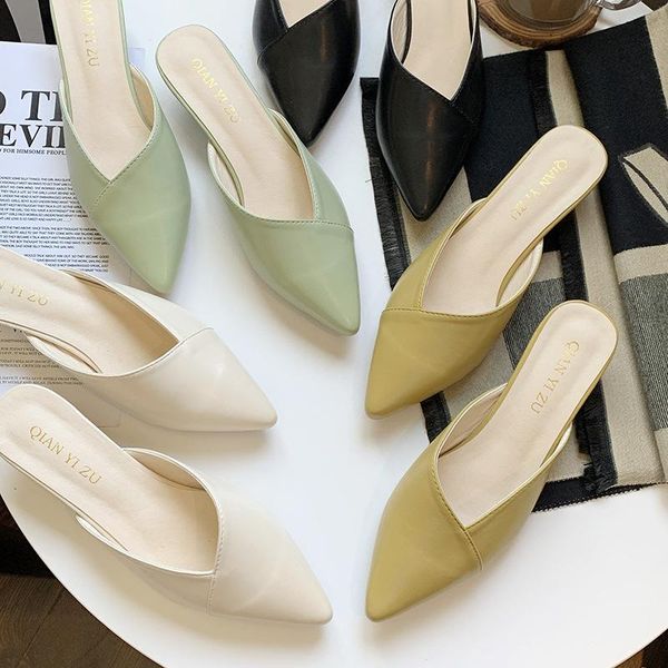 

slippers high heel pointed toe shoes woman elegant mules solid dot med heels outdoors womens ladies, Black