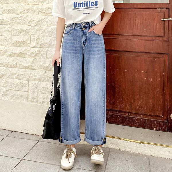 

tongsihai jeans women ladies fashion high waisted straight denim pants girls students loose wide leg trousers vaqueros mujer women's, Blue
