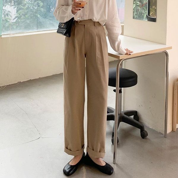 

women's pants & capris limiguyue spring autumn women high waisted straight trousers ol elegant slim solid long pockets wide leg k2706, Black;white