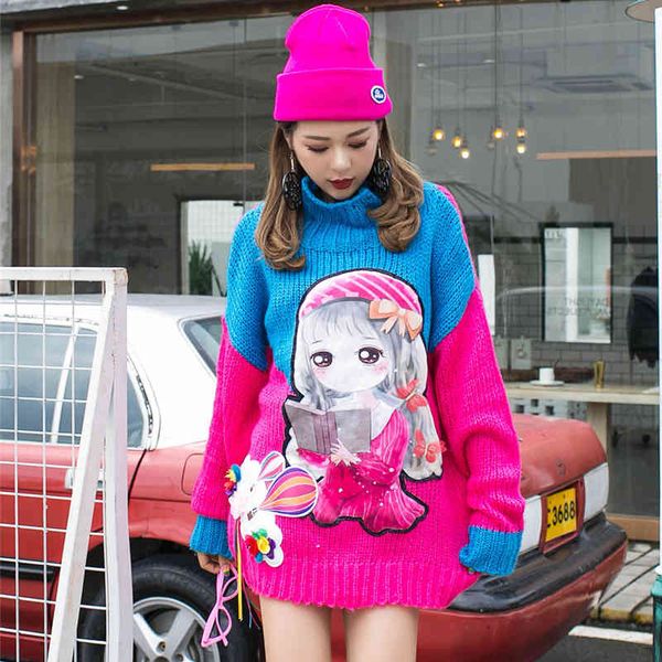 

sweaters thailand tide brand fashion sequin pullover sweater female cartoon patch age reduction printing hit color chic wild knit, White;black