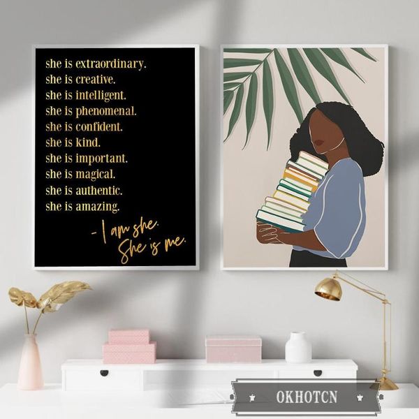 

paintings black woman canvas painting excellence golden feminist english letter quotes poster decorative wall art picture for african home