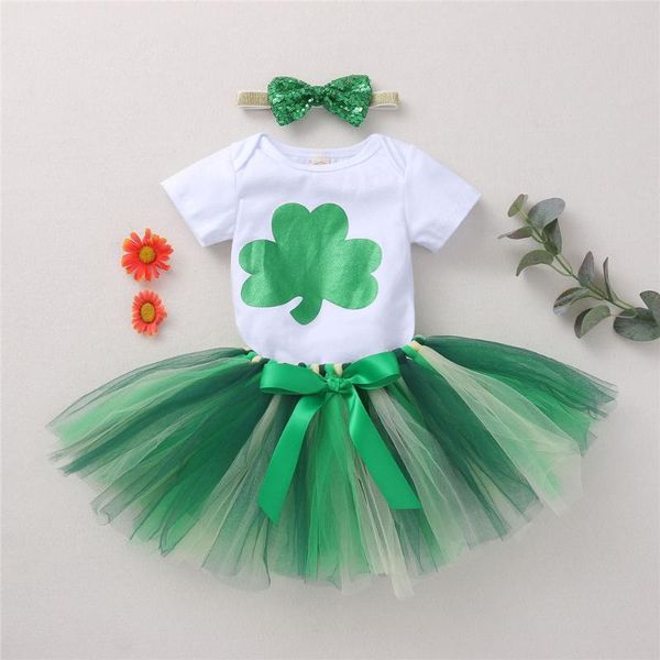 

clothing sets baby girls patrick's day clothes set clover print short sleeve bodysuit elastic waist bow tutu skirt headband 3 piece for, White