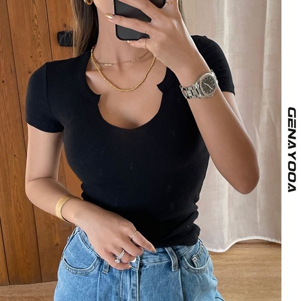 

genayooa t short sleeve t-shirt v neck shirt femme solid basic korean style women tee summer 210417, White