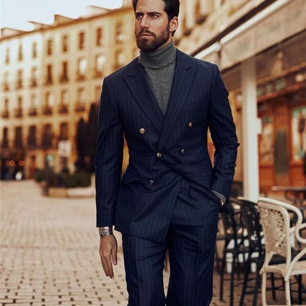 

men's suits & blazers navy blue pinstripe mens sutis with double breasted slim fit formal business office wear 2 pieces set wedding gro, White;black