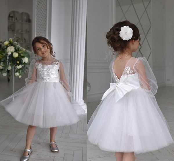 Abito da ragazza di fiore corto bianco elegante Abito da sposa formale con applicazioni aperte sul retro della principessa per la festa di compleanno