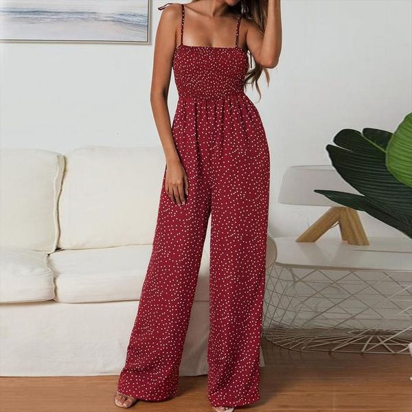

summer beach polka dot sleeveless womens jumpsuit spaghetti straps long wide leg pants backless rompers, Black;white