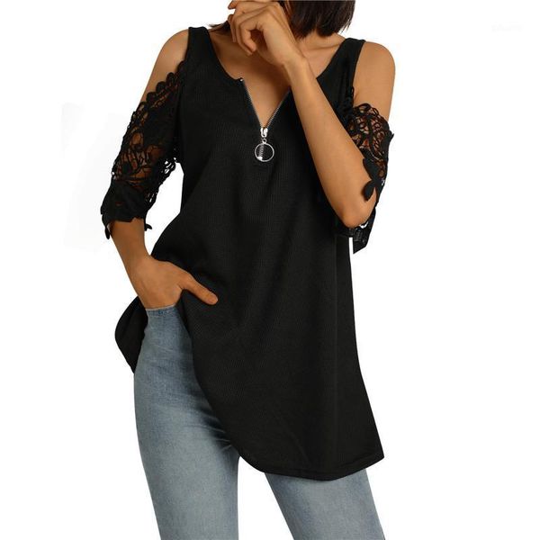 

women's t-shirt cold shoulder summer lace knitted clothes casual short sleeve loose shirts v neck woman t shirt streetwear, White