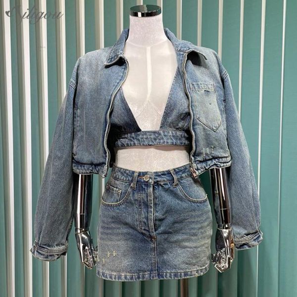 

two piece dress ailigou 3-piece set of blue denim jacket + short skirt autumn women's casual fashion long-sleeved mini sexy, White