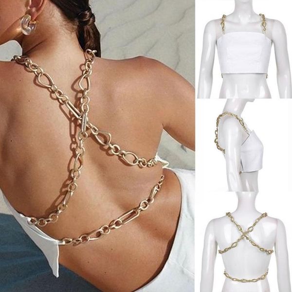 

women's tanks & camis metal chain halter crop sleeveless backless corset clubwear vest wrap cropped chest summer 2021 for wom, White
