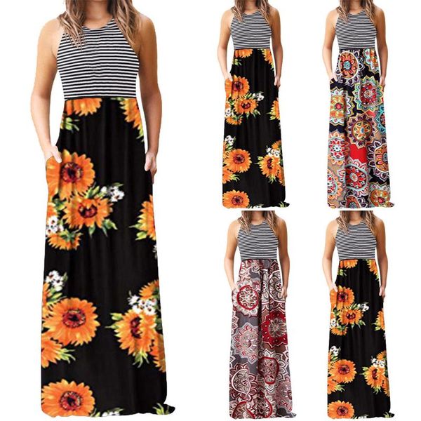 

casual dresses floral print boho summer dress women sleeveless long maxi robe evening party beach with pockets vestidos 2021, Black;gray