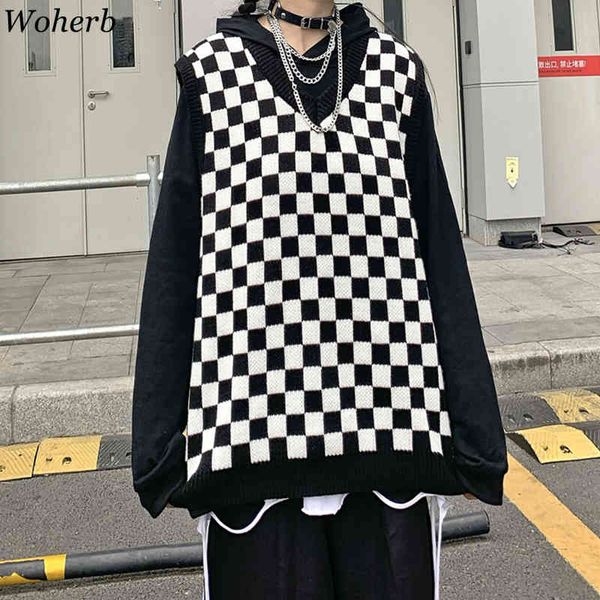 

japanese fashion sweater vest women harajuku bf plaid sleeveless knitted pullovers tank streetwear loose jumper 210417, White;black