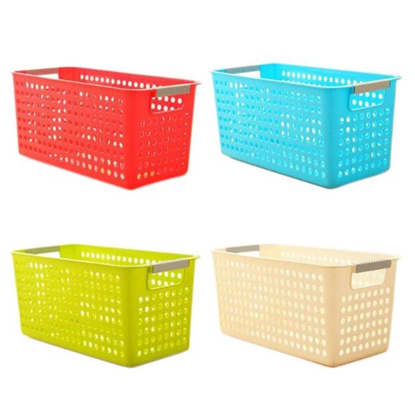 

4pcs mixed color rectangle storage baskets plastic weave shelf baskets, basket bins with handle