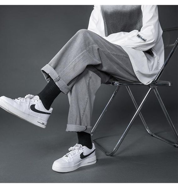 

men's jeans neploha 2021 loose solid color denim straight casual hong kong stylepants vintage male trousers couple pants, Blue