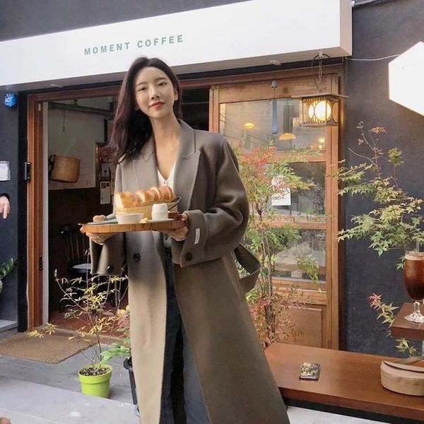 

women's wool & blends woolen coat 2021 autumn and winter korean hepburn style double breasted loose medium long fashion, Black