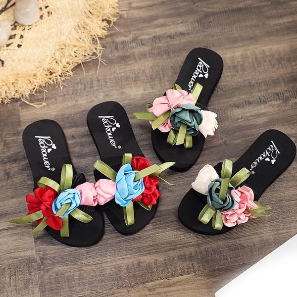 

slippers women shoes slipper summer 2021 bohemia style floral beach flat platform thongs flip flops zapatos de mujer, Black