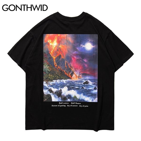 

tshirts streetwear harajuku volcano eruption landscape print tees shirts mens hip hop casual loose cotton 210602, White;black