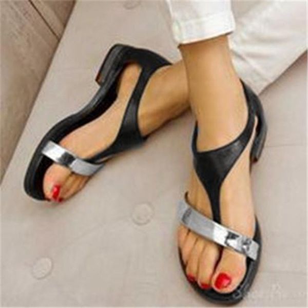

women's sandals 2021 summer shoes low heel clip toes buckle strap women beach pu leather female sandalias, Black