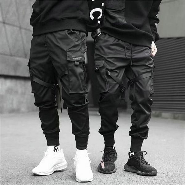 

ribbons harem joggers cargo women pants streetwear hip hop casual pockets cotton track male harajuku fashion trousers, Black