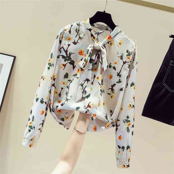 

autumn women's bow collar long sleeves floral chiffon shirts ladies casual shirt blouse ol a3686 210519, White