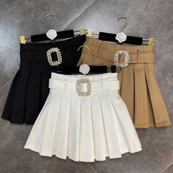 

faop summer design high waist diamods buttons short mini pleated skirt casual women fashion gb605 210709, Black
