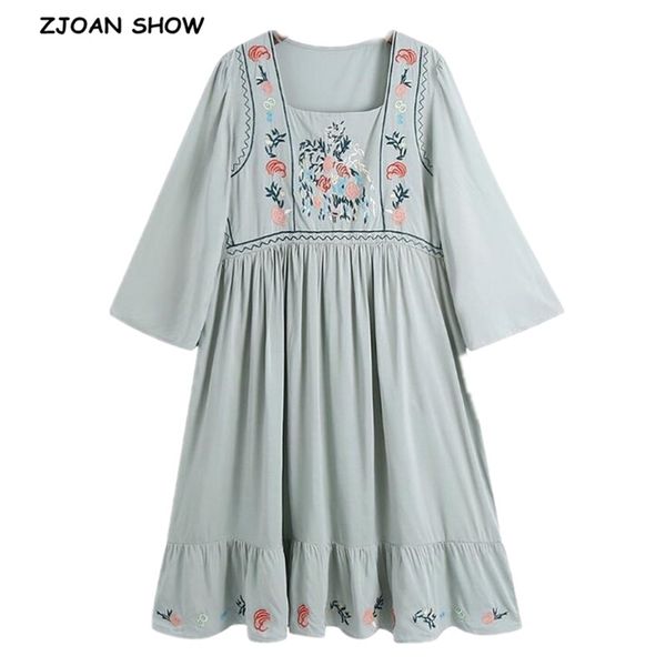 BOHO Quadratischer Kragen Grau Blumenstickerei Damen Kleid Urlaub Flare Ärmel Spliced Plissee Rüschen Lose Midi Kleider Strand 210429