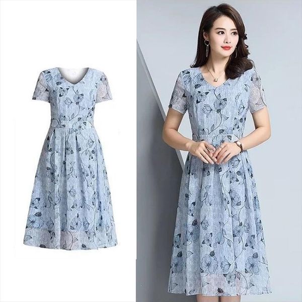 

30 a line casual floral womens dresses printed v neck short sleeve midi vestidos, Black;gray