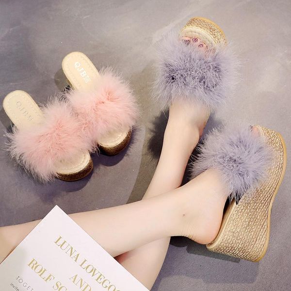 

slippers casual solid fur women's summer shoes comfortable wedges slipper designer platform beach sandals thick bottom open toe slides, Black