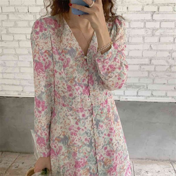 

casual dresses 2021 v-neck vintage streetwear french loose single breasted retro elegant floral printe sweet long es vestidos 7u7n, Black;gray
