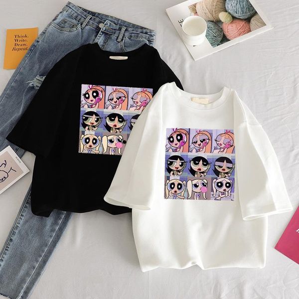 

casual cartoon print oversized women t shirts short sleeve green vogue summer harajuku loose tee, White