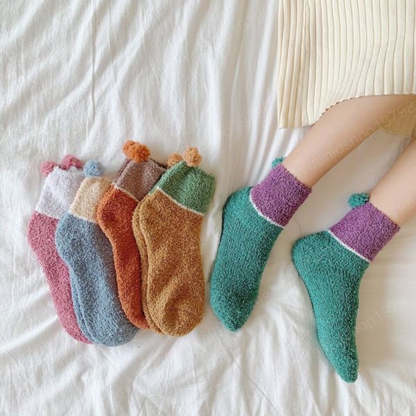 

winter warm socks hairball fluffy coral fleece socks for women soft coral velvet sock indoor floor casual slippers sleep sock, Pink;yellow