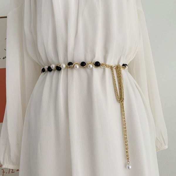 

belts 2021 fashion jewelry pearl chain belt accessories for women, Black;brown