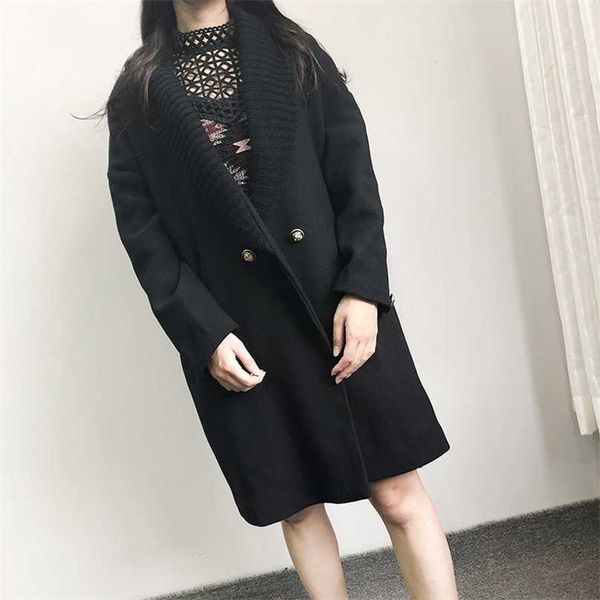 

fashion streetwear long winter fashion wool coats double breasted wool blend coat and jacket turn-down collar coat femenino 211019, Black