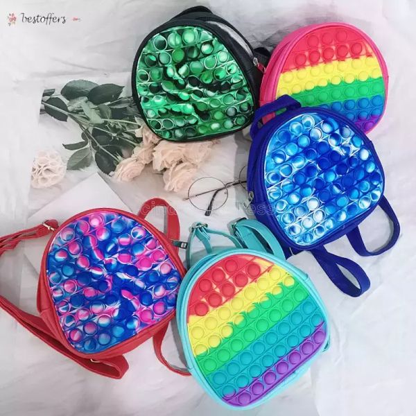 

19cm rainbow tie dye fidget backpack bubble toys bag push bubbles purses kids sports casual shoulder bags handbag tote bo29