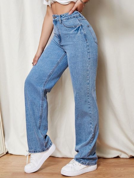 

high waisted letter patched straight leg jeans i3m8#, Blue