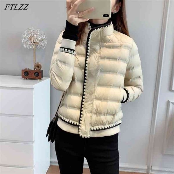 

ftlzz winter women 90% white duck down coat stand collar zipper lace solid jacket thick warm snow parka outwear 210925, Black