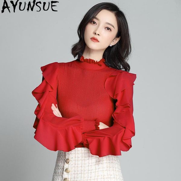 

women's sweaters ayunsue 2021 sweater women red white turtleneck spring autumn ruffled korean clothes pullover zzif0660021 kj4401, White;black