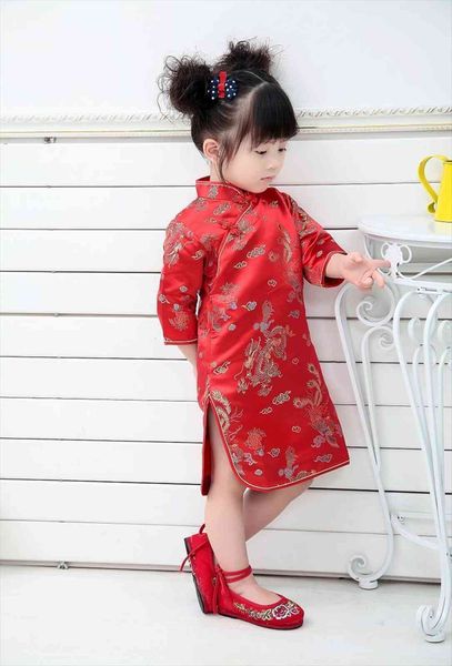 

qipao three quarter baby girl dress summer kid clothes floral cheongsams year traditional chinese clothing, Red;yellow