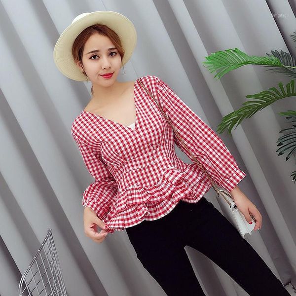 

[alphalmoda] autumn casual criss cross slim shirts pleated hem v-neck lantern sleeve all-match plaid shirt blouse women's blouses &, White