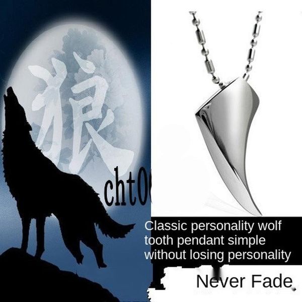 

pendant necklaces retro stainless steel wolf fang tooth spike necklace men women animal leather rope black fashion jewelry, Silver