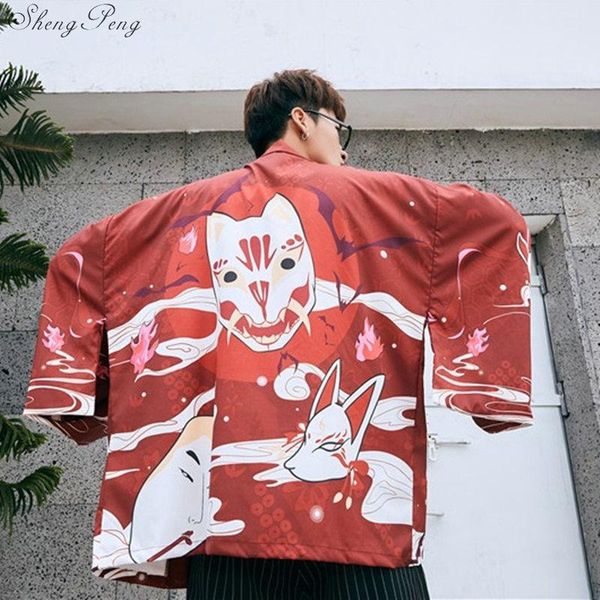 

japanese style men samurai kimono haori summer loose cardigan shirt traditional yukata blouse male cosplay costume v1773 ethnic clothing, Red