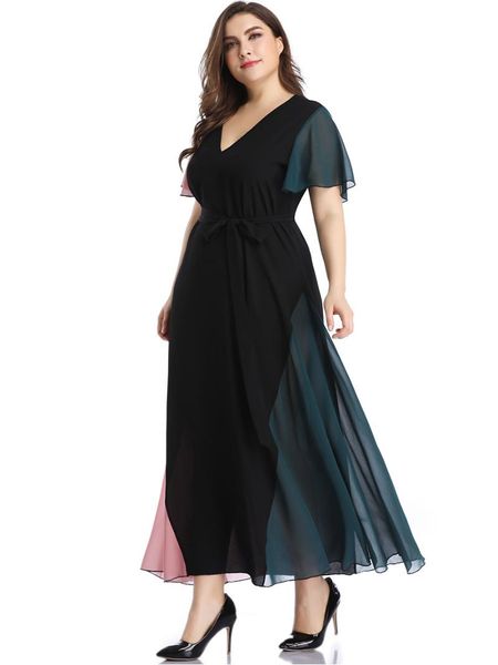 

plus size dresses beach dress woman chiffon patchwork butterfly sleeve v neck light midi loose lace robes party club outfits, Black