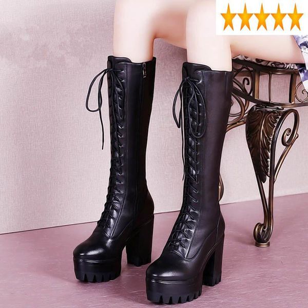 

boots lace-up platform thigh women genuine cowhide thick high heel stretch long winter short plush black booties