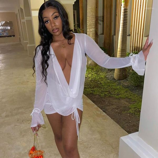 

women's tracksuits summer 2 two piece sets women skirts backless deep v neck crop drawstring mini skirt suits mesh club set, Gray