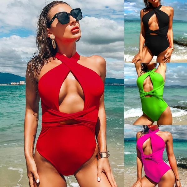 

one-piece suits backless one piece swimsuit womens solid color swimwear classic irregular straps bodysuit babydoll swimming suit