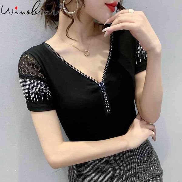 

women's t-shirt summer korean clothes pullover zipper shiny diamonds women short sleeve bottoming shirt tees t14035a hkb, White