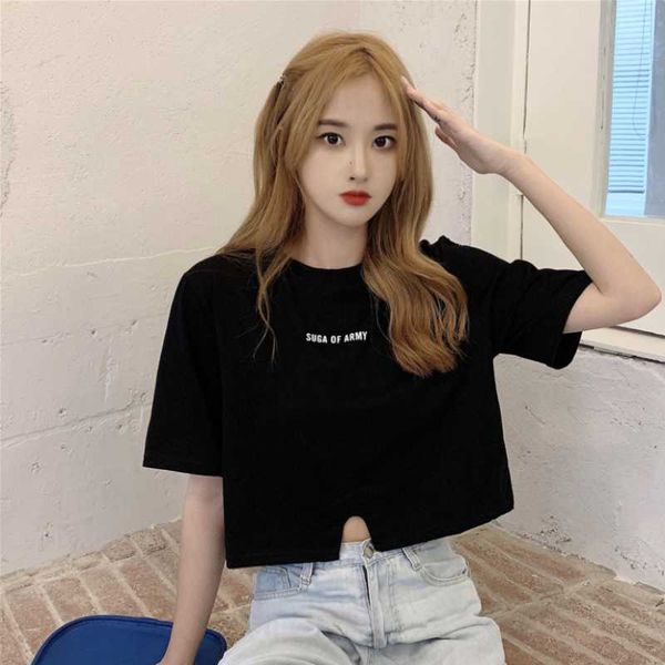 

women's t-shirt 2021 summer korean short-sleeved female design sense high street short fashion black, White