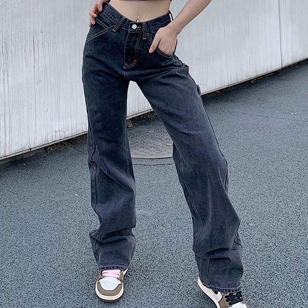 

lugentolo gray high waisted jeans women straight casual washed vintage full length fall fashion womens trousers women's, Blue
