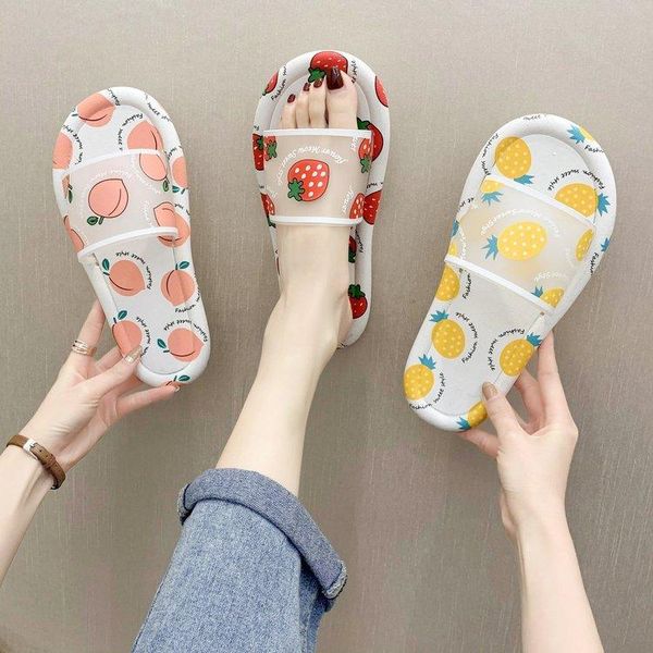 

women's beach slippers fruit pattern sandals fashion colorful casual flats flip home shoes slides pineapple peach, Black