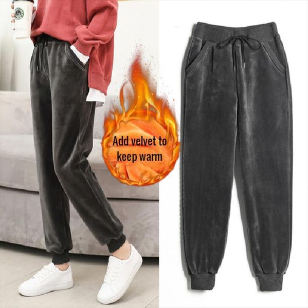 

gold velvet sweatpants plus warm womens capris autumn and winter double sided high waist harem trousers, Black;white