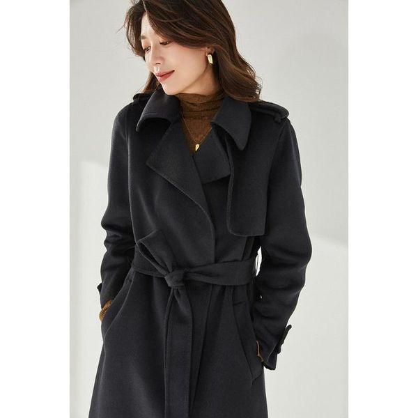 

women's wool & blends 2021 autumn arrival european american brand commuter black windbreaker long lace-up thin double-sided coat